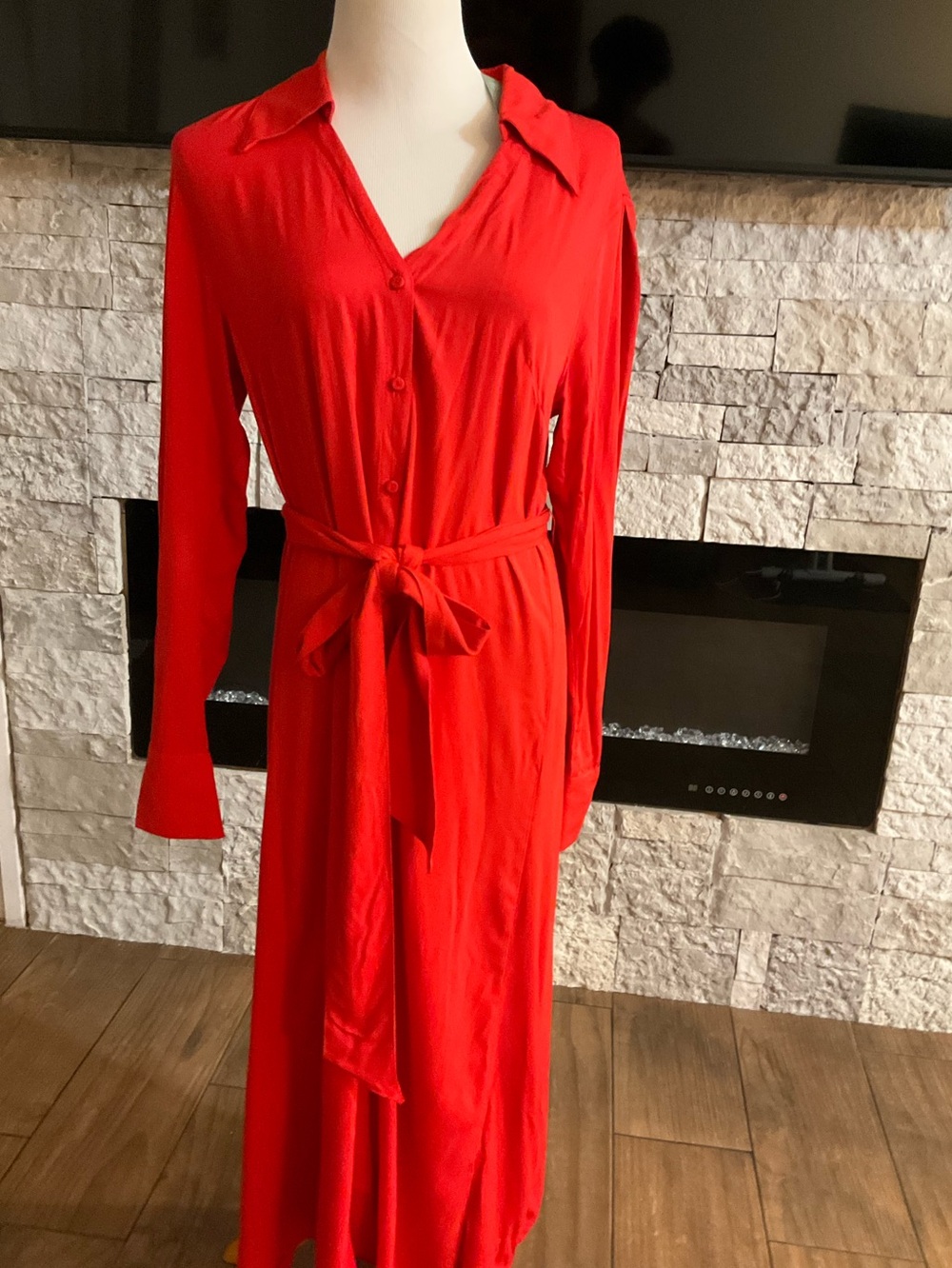 H&M Vibrant Red Button-Front Shirt Maxi Dress with Waist Tie Size M
